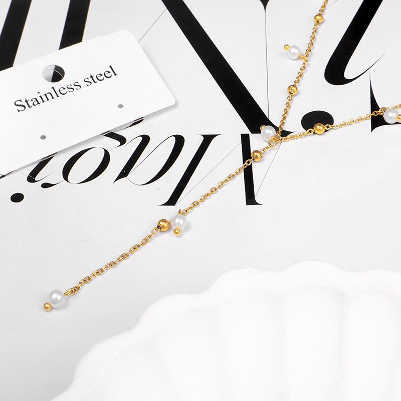 Trendy Gentle Slimming Y-Shaped Pearl Long Tassel Necklace Stainless Steel Collarbone Neck Chain Link Chain Pendant Necklaces