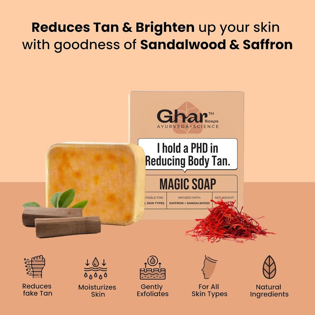 Savons Ghar Bois de Santal & Safran Savon de Bain Fait Main 100 Grammes Pack de 2 Pour une Peau Éclatante et Lumineuse