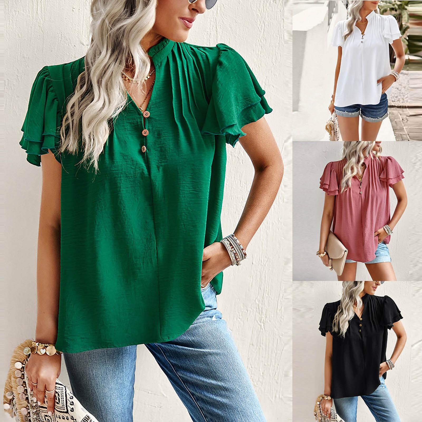 

(Qunide) Women s Fashion Short-sleeved Shirt Temperament Elegant Ruffled Top