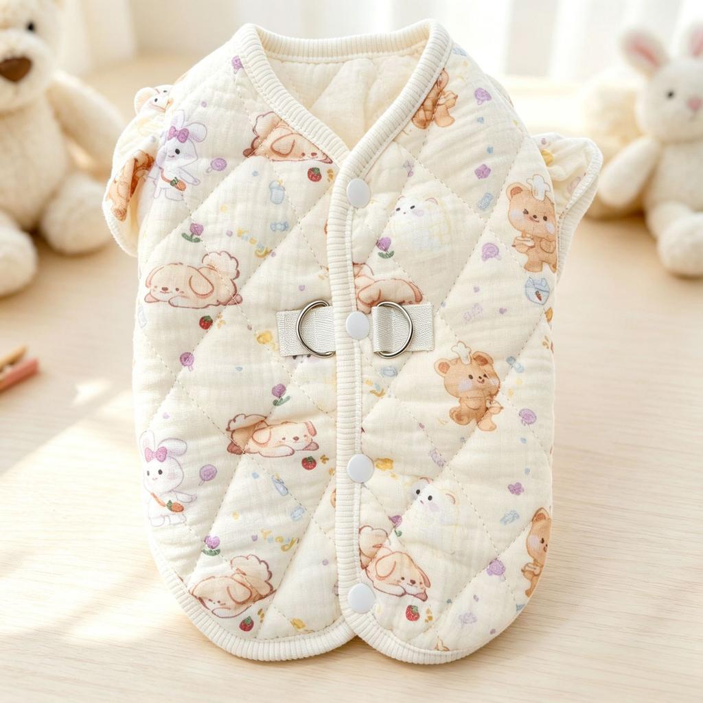 Quilted Cotton Pet Vest with Ruffle Sleeves and Leash D-Rings for Small Dogs and Cats, Autumn Winter Clothing