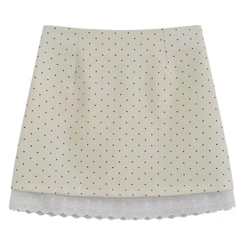 2025 Spring/Summer High-Waisted Polka Dot A-Line Bodycon Midi Skirt with Lace Patchwork & Sweet Style.