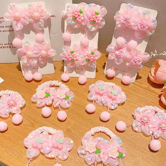 Hair Tie Soft Organza Flower Shape Hair Rope with Plush Tassels Imitation Pearls Decor High Elastic Band Bun Holder Hair Accessories