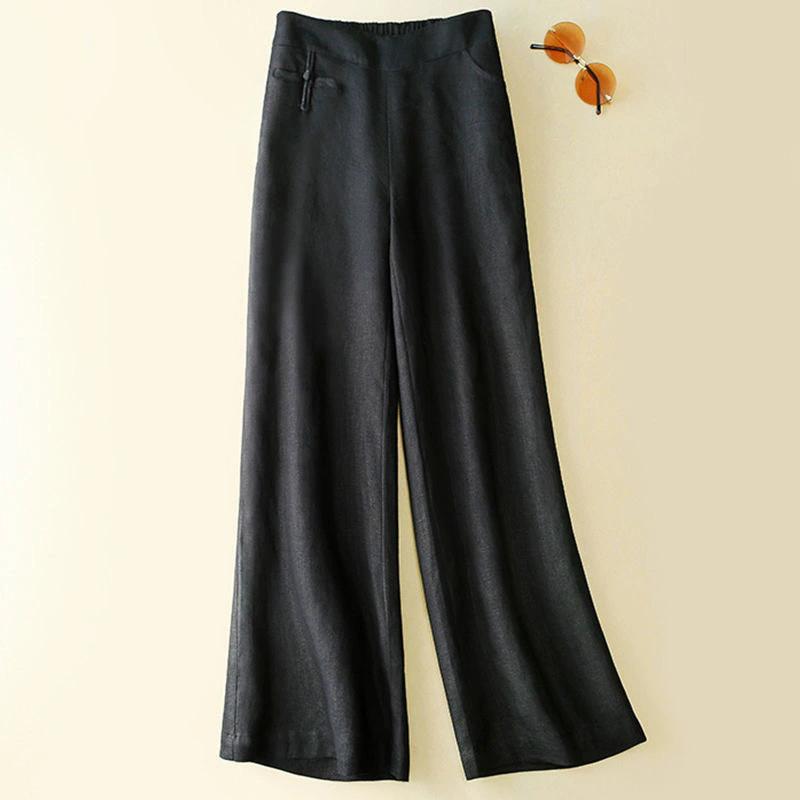 High Waist Slimming Cotton Linen Wide Leg Casual Pants Women Button Detailing Summer Comfortable Long Trousers