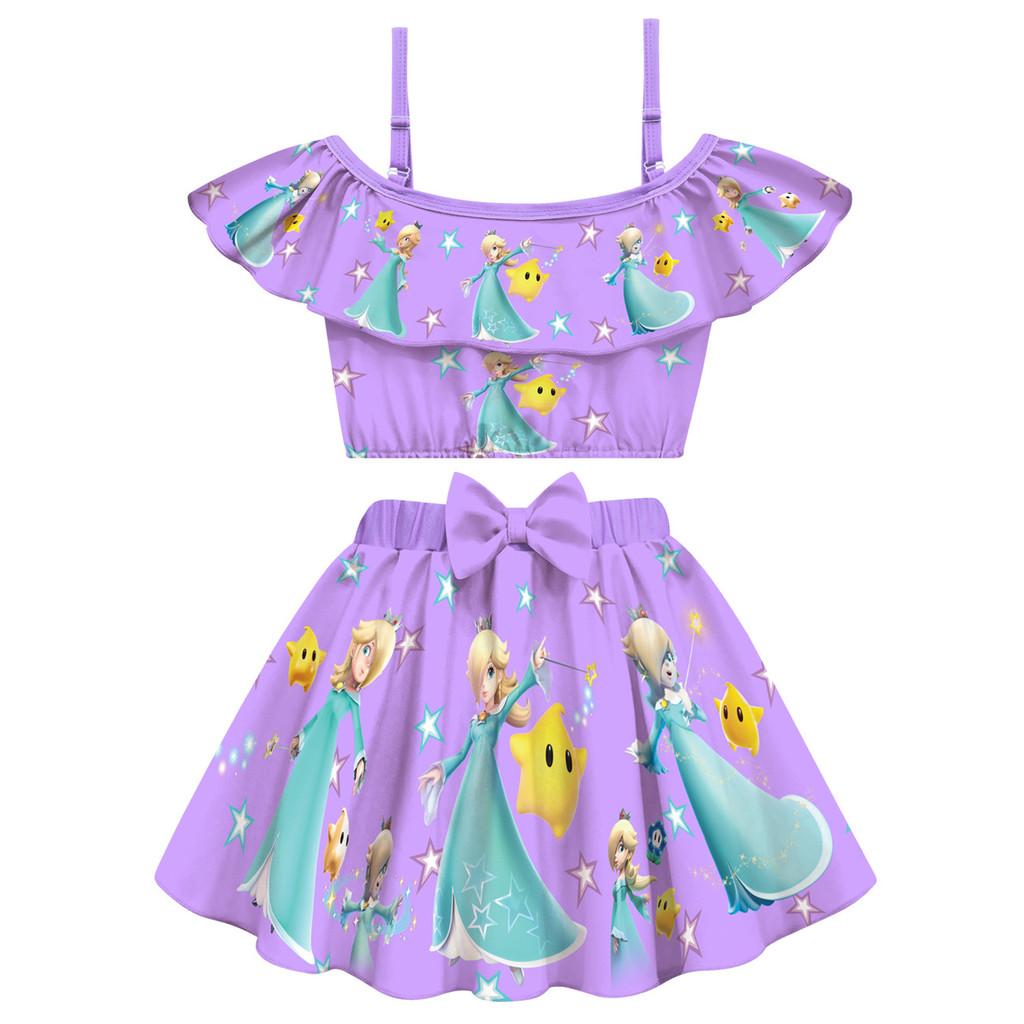 20887 Kids Girls Princess Rosalina Printed Sleeveless Swimsuit Swimwear Top Skirt Sets 100cm фиолетовый