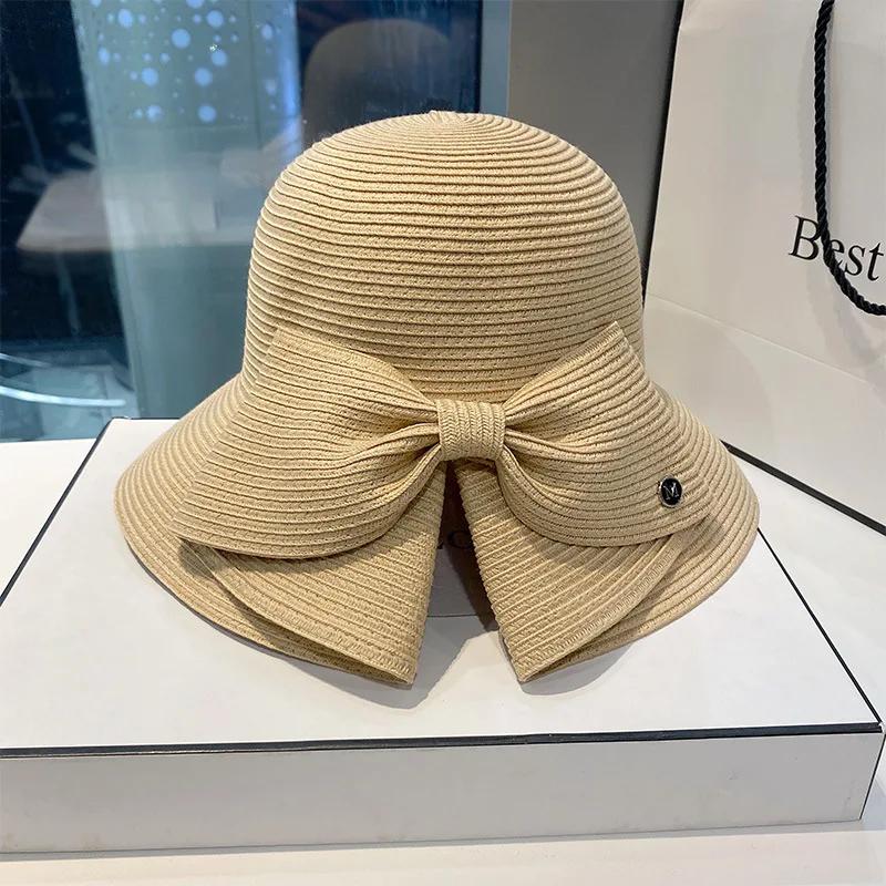 

Women Straw Bucket Hat Panama Bow Large Brim Foldable Sun Cap Summer Sunscreen Beach Hats For Outdoor Camping Hiking 1pc бежевый