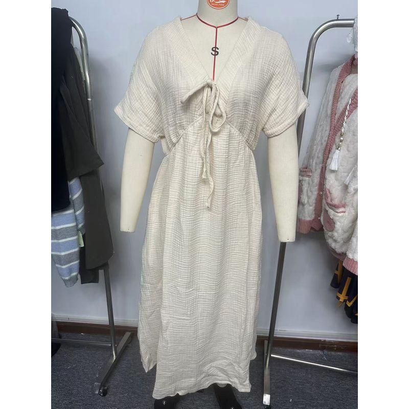 

Western Style New Fashion Casual Loose Lace-up V-neck Short sleeve Dress V-Neck Tie up Dress Apricot color 2XL