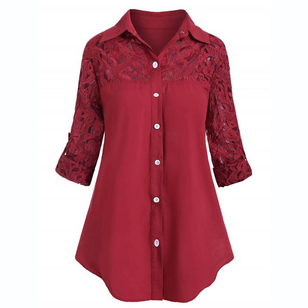Women's Fashion Loose Casual Plus Size Lace V-Neck Button Down Long Sleeve Shirt