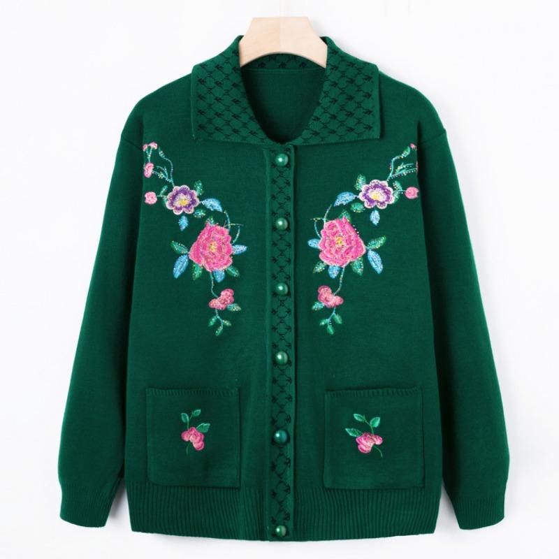 Middle-aged and Old Women's Clothing New Autumn Embroidered Sweater Jacket Grandma Knitted Sweater Lapel Top Mom Cardigan