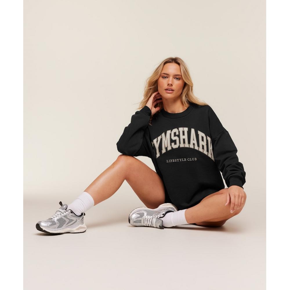 Gymshark Collegiate Graphic Crew Neck Pullover Black  Pebble Grey B4c8z Bb3l