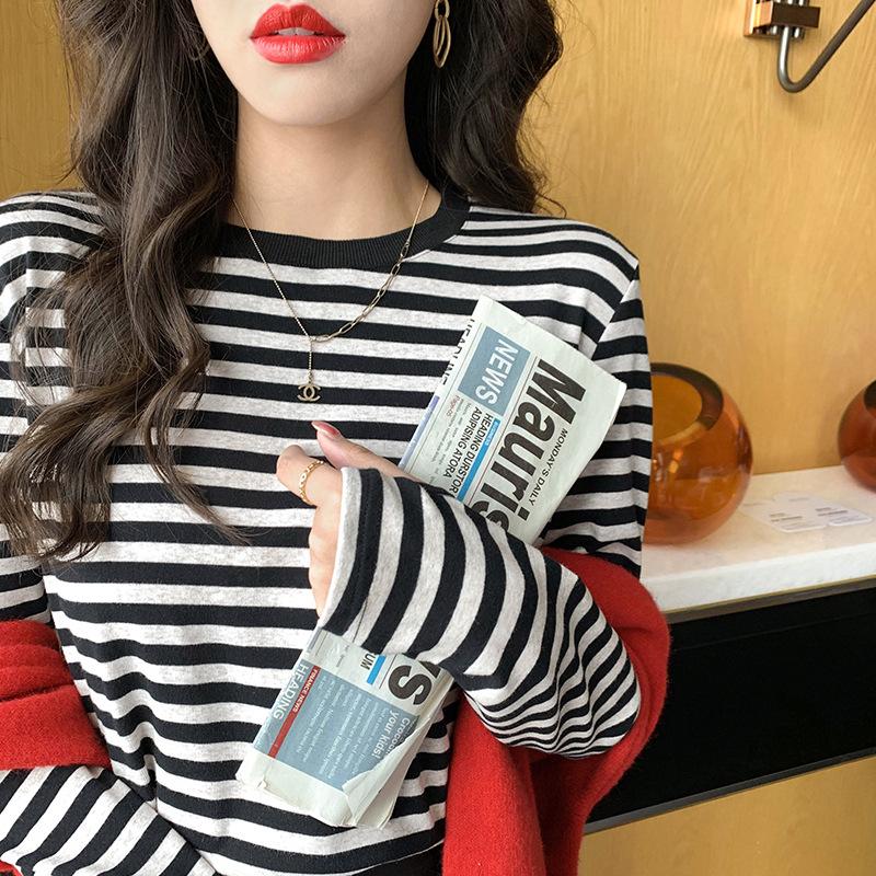 Striped Bottoming Shirt for Women, Spring and Autumn New Style, Contrasting Color, Round Neck, Long-sleeved T-shirt, Early Autumn Top