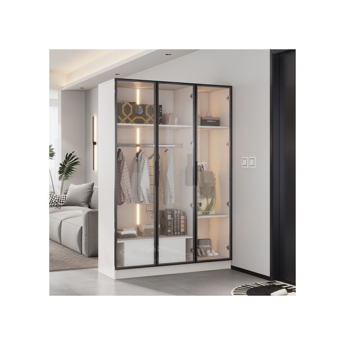 Prostorná bílá skříň se 3 prosklenými dveřmi, 1 zásuvkou a 1 šatní tyčí - 110*50*160 cm - s LED osvětlením