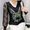 Primăvară Toamnă Nou Mânecă Lungă Sexy Dantelă Tricou Femei Casual Gât în V Fluture Diamante Fierbinți Tricou Doamnelor Topuri Elegante