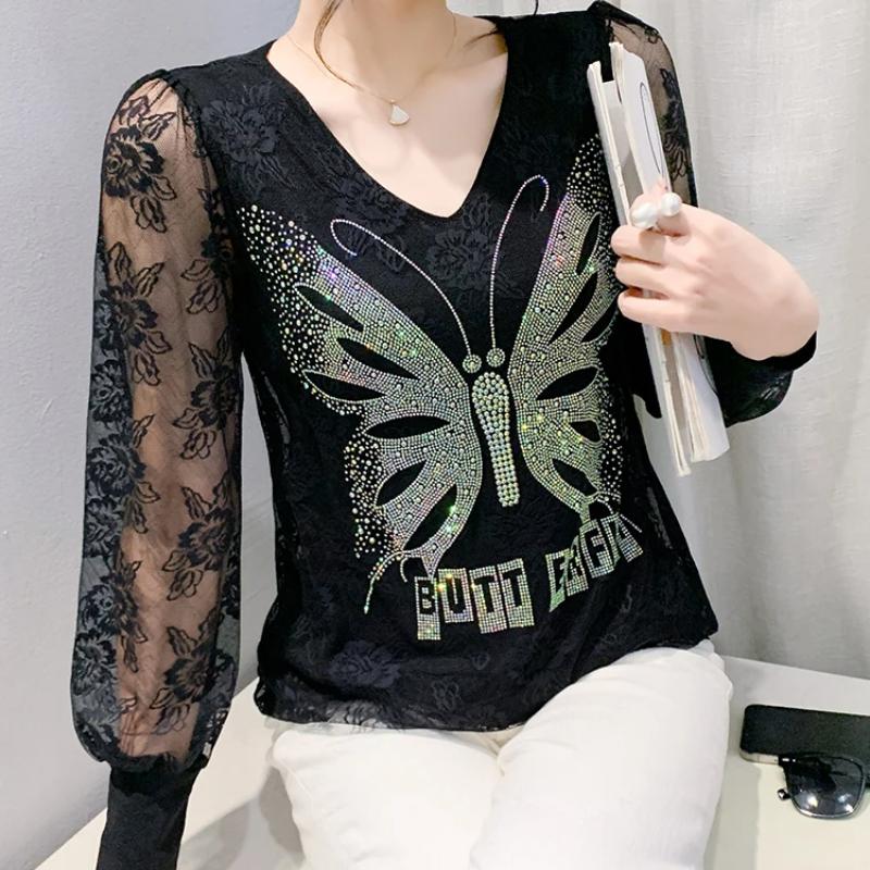 Primăvară Toamnă Nou Mânecă Lungă Sexy Dantelă Tricou Femei Casual Gât în V Fluture Diamante Fierbinți Tricou Doamnelor Topuri Elegante