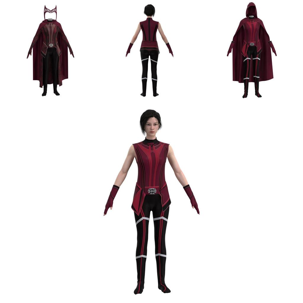 Nádherný kostým pro hraní role Scarlet Witch pro dospělé a děti, včetně overalu, pokrývky hlavy a pláště