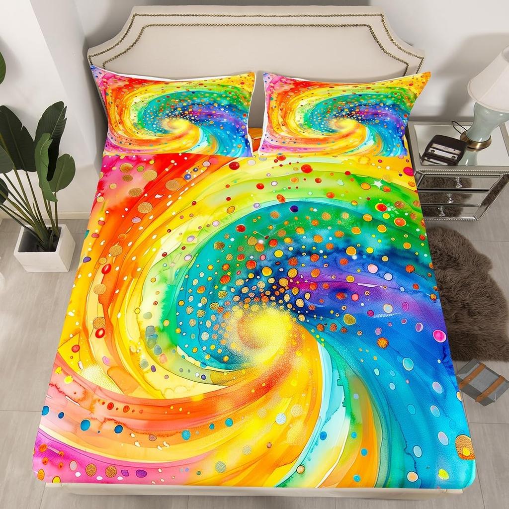 Rainbow Fitted Sheet Double Size and Pillow Case 2 Pcs, Colorful Rainbow Cartoon Fitted Sheet Set with 30cm Pocket for Kids
