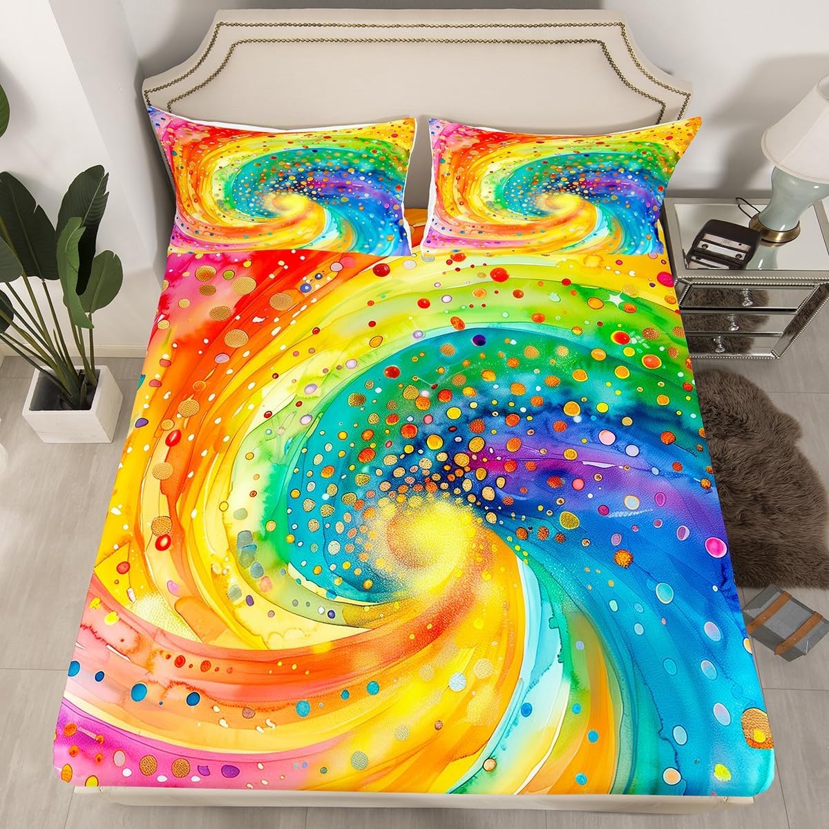 

Радужная простыня на резинке двуспального размера и 2 наволочки, красочный радужный мультяшный комплект простыней на резинке с карманом 30 см для детей 90x200cm