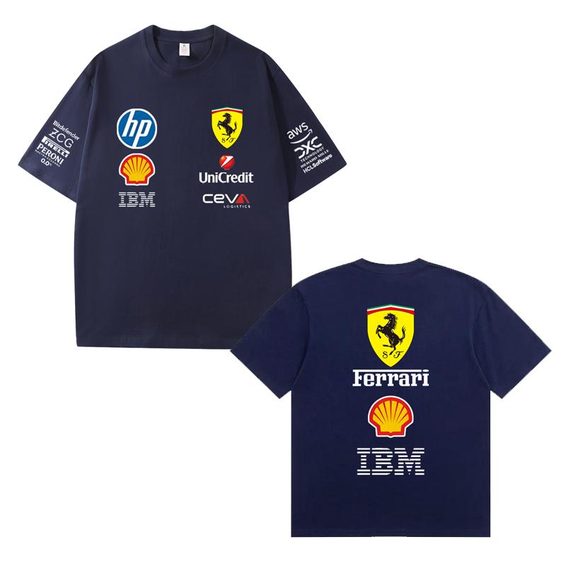 Herren und Damen Oversize Ferrari F1 Renn T-Shirt Klassischer Sponsoren Logo Druck Kurzarm Motorsport Lässig Streetwear Tee