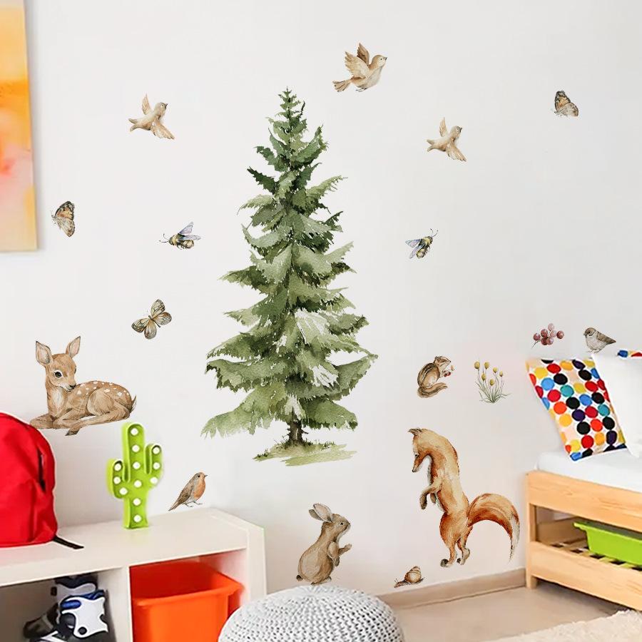 Forest-themed Pine Tree Animal Children's Bedroom Self-adhesive Decorative Stickers