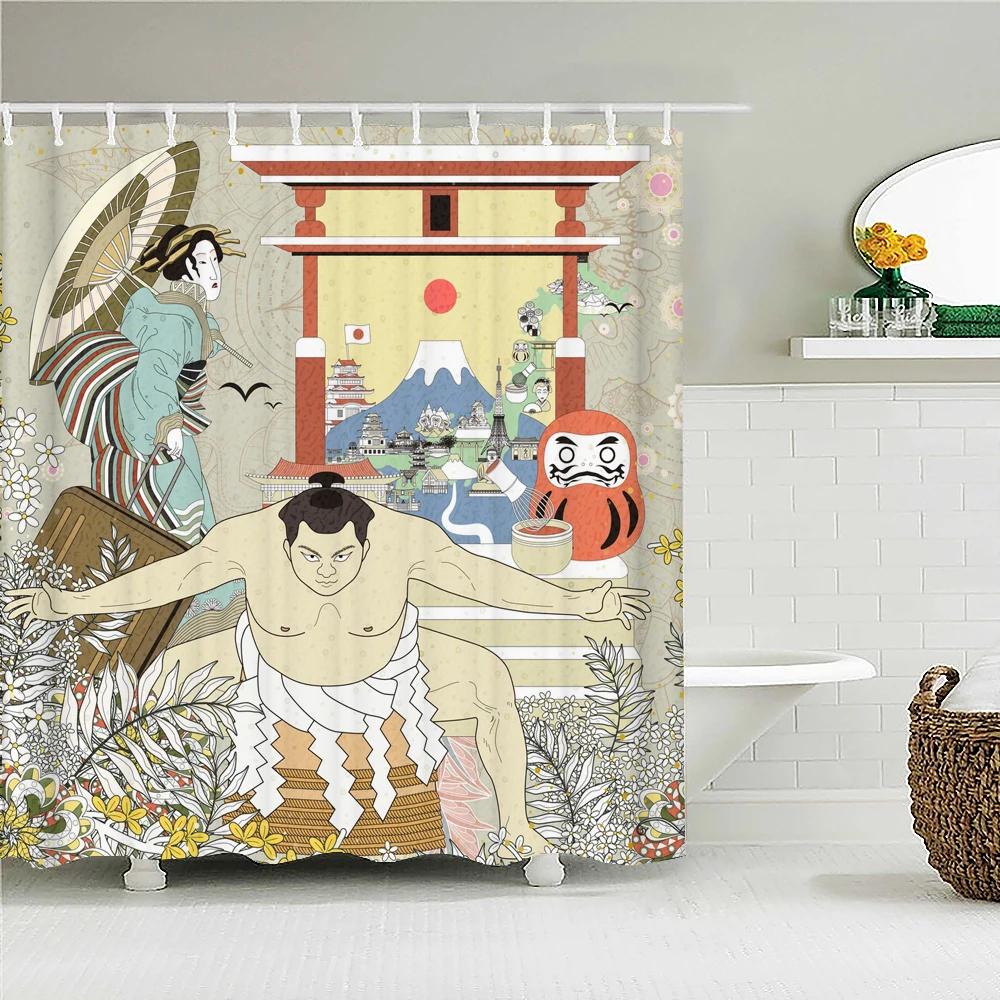 Japanese-style 3D Mount Fuji and Flower Print Shower Curtain With Hook Natural Landscape Home Decoration Bathroom Curtains