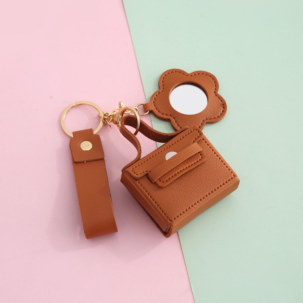 

Creative PU Leather Mini Bag Keychain Cartoon with Mirror Earphone Bag Keychain Girl Handbag Pendant Storage Bag коричневий
