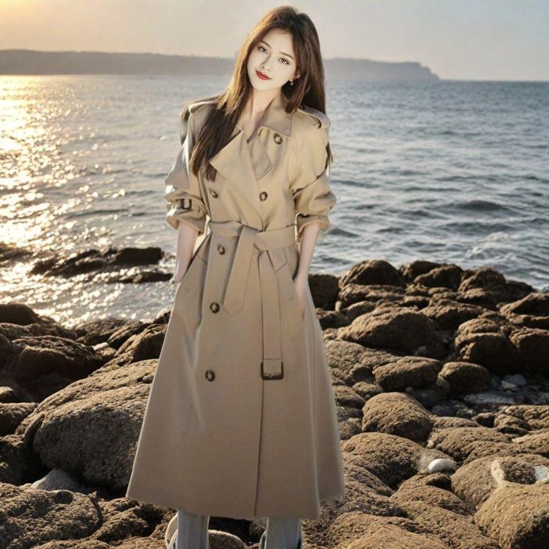 Damen Beiger Trenchcoat Langarm Zweireihig Gürtel Casual Übermantel