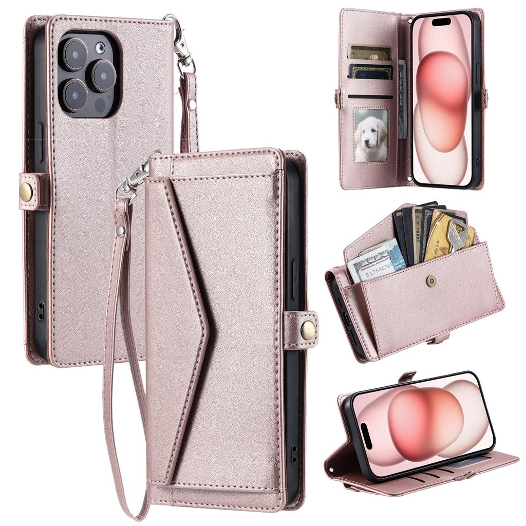 For iPhone 16 Pro Leather Case with Wrist Strap Wallet Stand Phone Cover