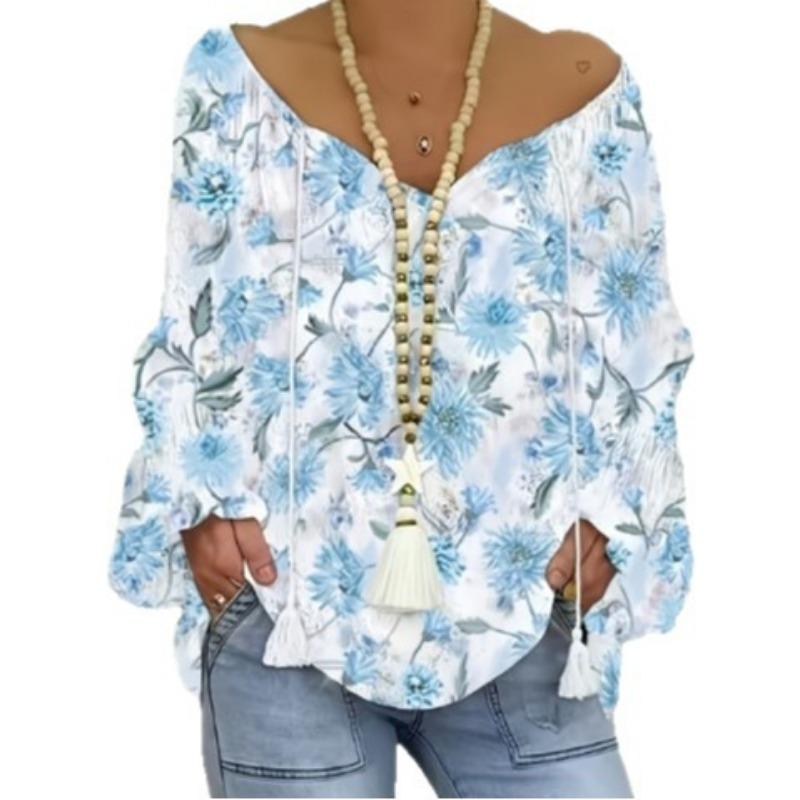 Sexy One-shoulder Off-the-shoulder Women's Loose Printed Long-sleeved T-shirt Top