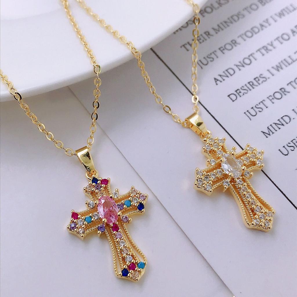 Cross necklace, zircon, European and American necklace, titanium lock chain, Instagram retro punk, personalized pendant, niche design