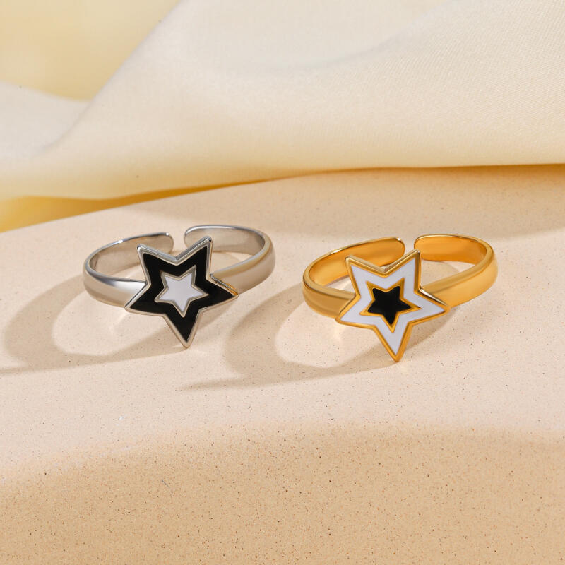 Stainless Steel Black White Drip Oil Pentagram Rings for Women Men Fashion Popular No Fading Opening Rings Jewelry Accessories