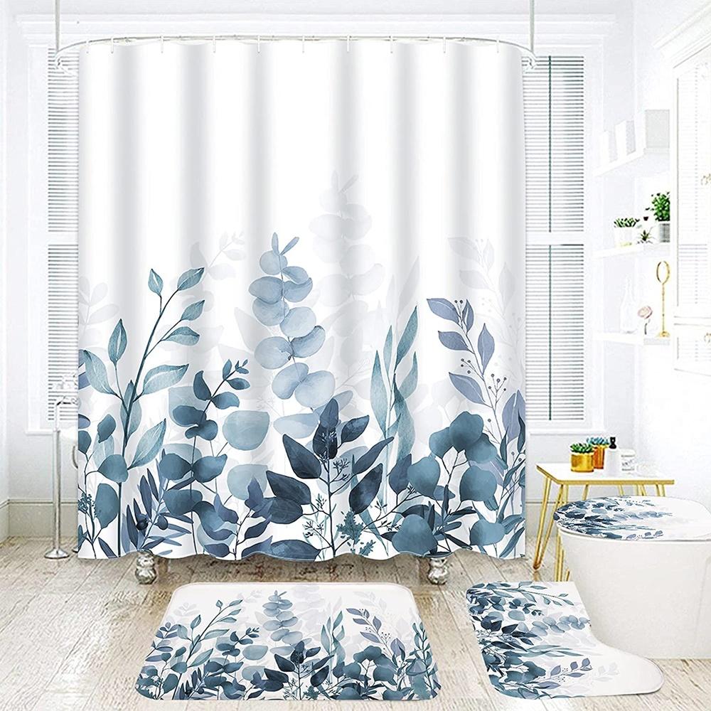 Green Leaves Shower Curtain Sets Spring Rural Plant Flower Bathroom Curtains Non-Slip Toilet Lid Cover Rug Baths Mats Home Decor