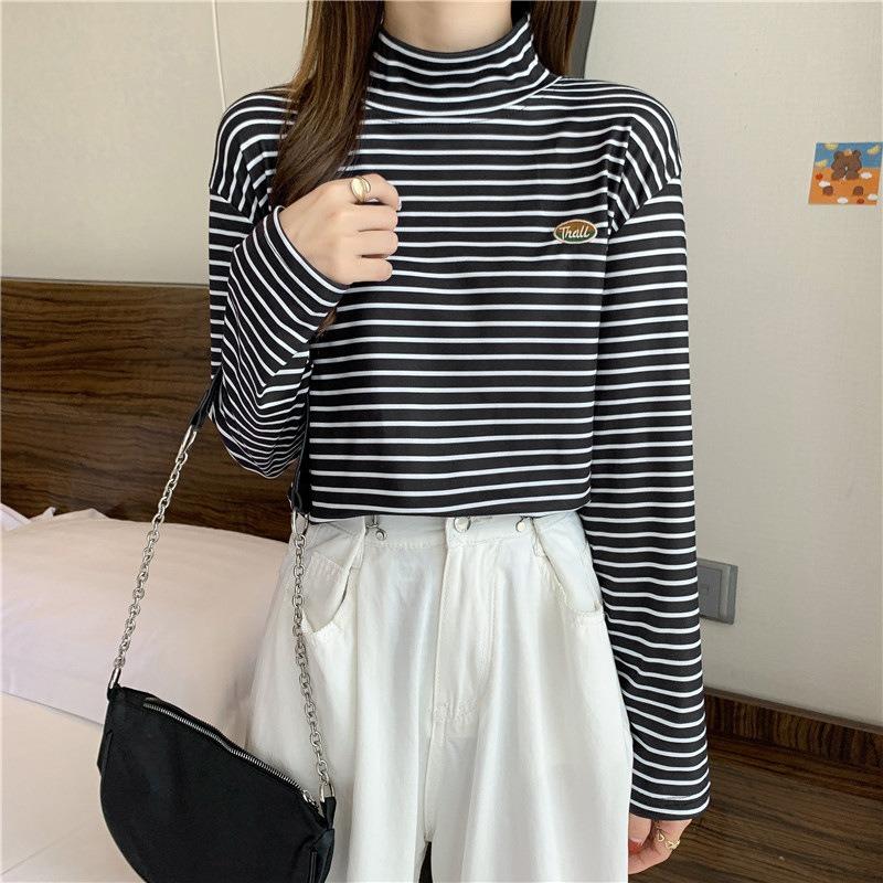Real shot h turtleneck bottoming shirt women's autumn and winter velvet inner versatile loose striped long sleeves