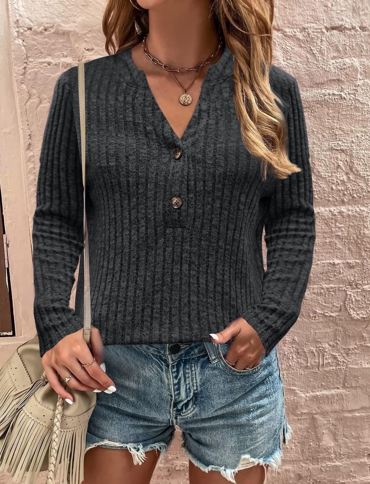 

Women s Ribbed Brushed Casual Long-Sleeve Button Top - European & American Autumn/Winter Collection Small