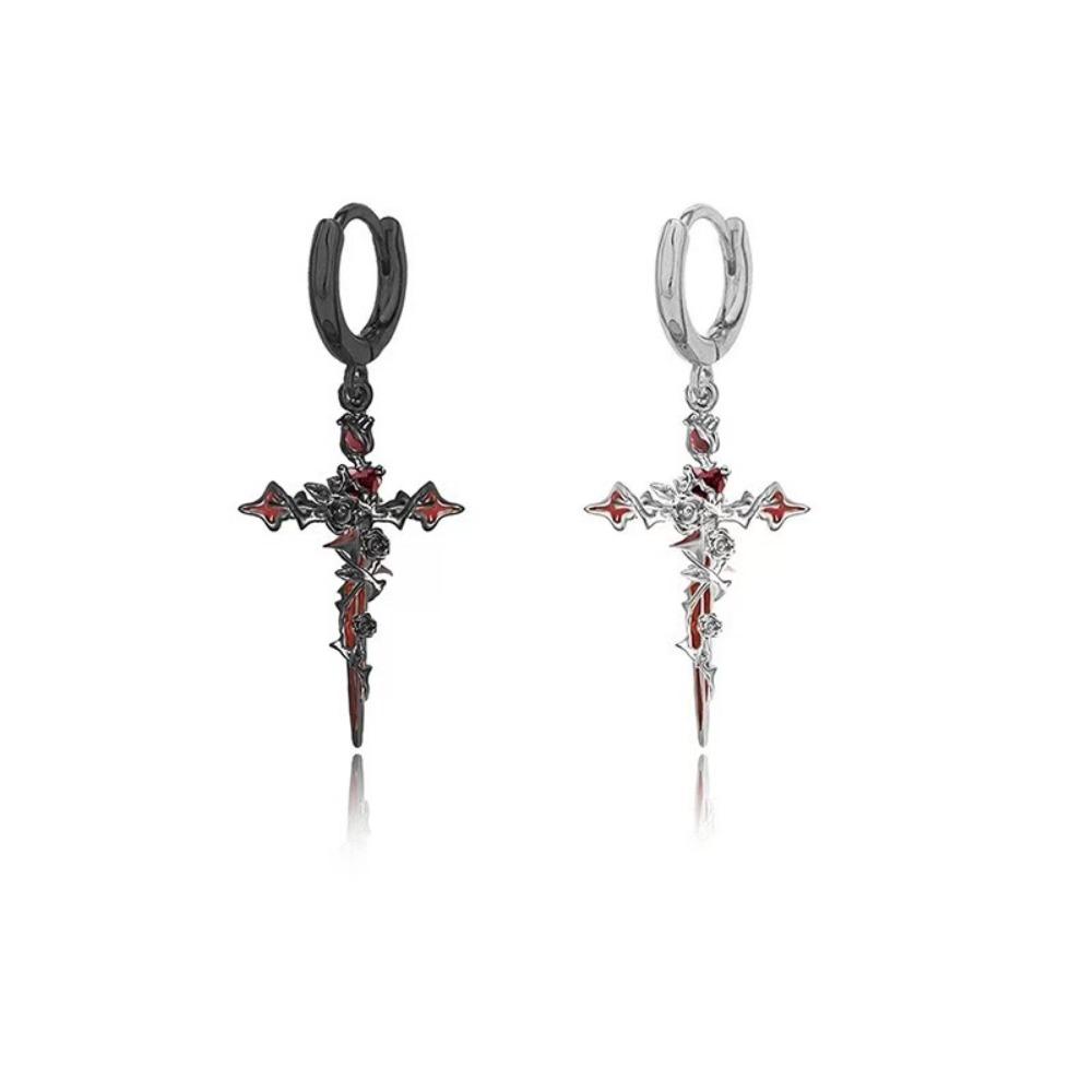 Hoop Gothic Cross Earrings with Thorn Rose Drop, Punk Rock Metal Ear for Men Women, Unisex Vintage Jewelry Gift