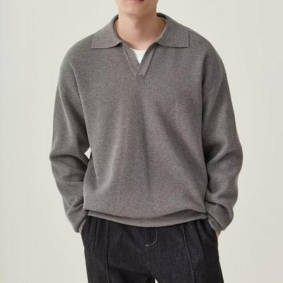 Men's Korean Retro V-Neck Polo Collar Knit Sweater for Autumn/Winter