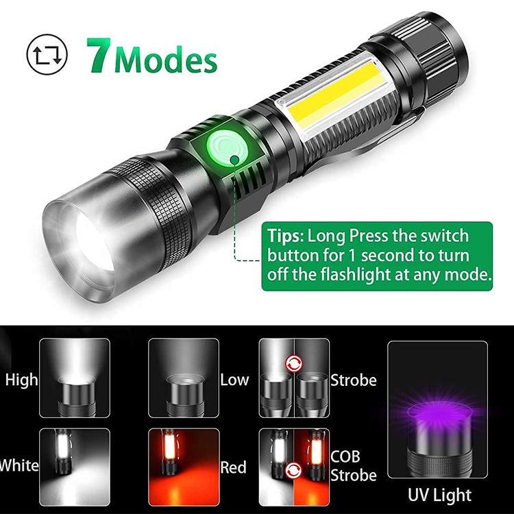 7-Function USB Rechargeable Magnetic Flashlight with Fluorescent Detection: Includes Red, White, Purple, and COB Strong Light with Focus.