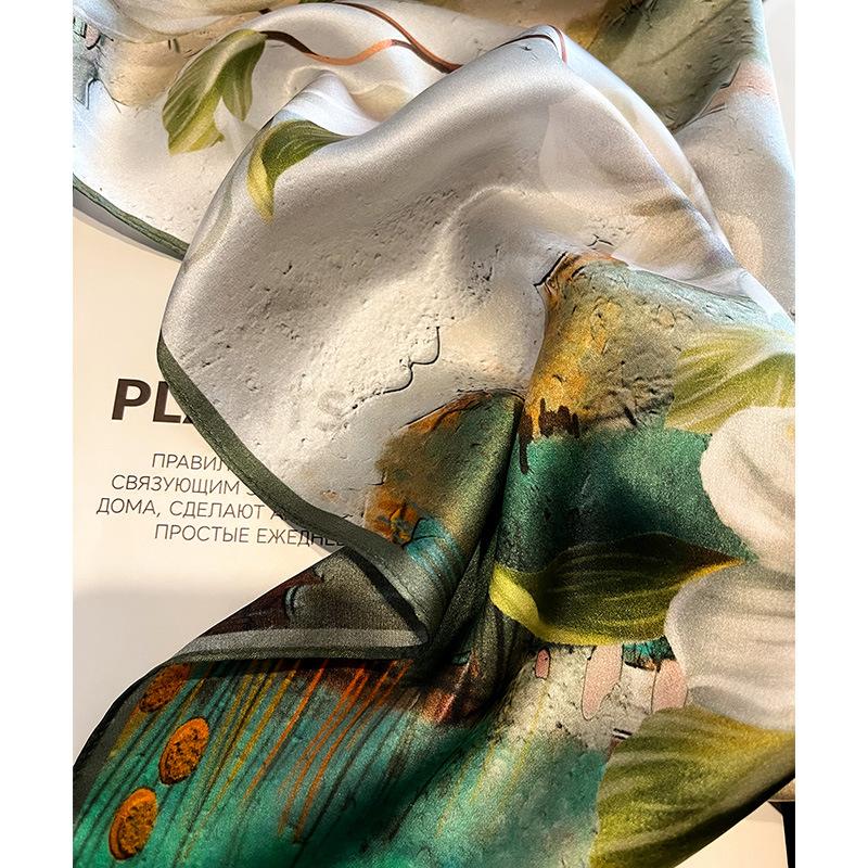 100% Real Silk Satin Women Scarf Flower Printed Foulard Femme Square Scarfs Bandana Shawl Gift Lady Hijab Scarves New Arrival