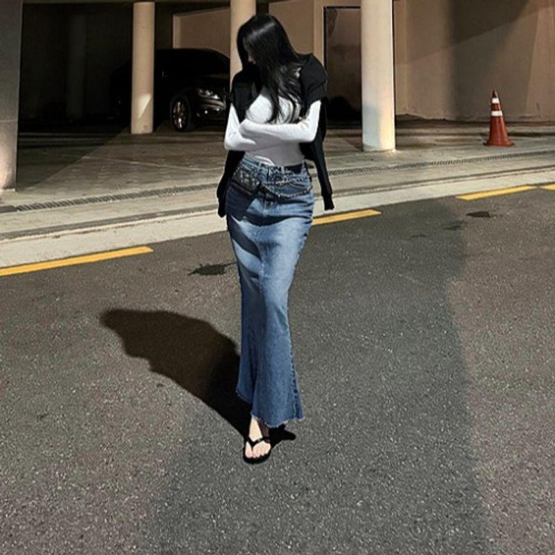 

Korean Style Retro Hong Kong Style Fashion Commuter Ol Elegant Fishtail Design Back Slit Leisure Denim Skirt Long dress Women Dark blue L