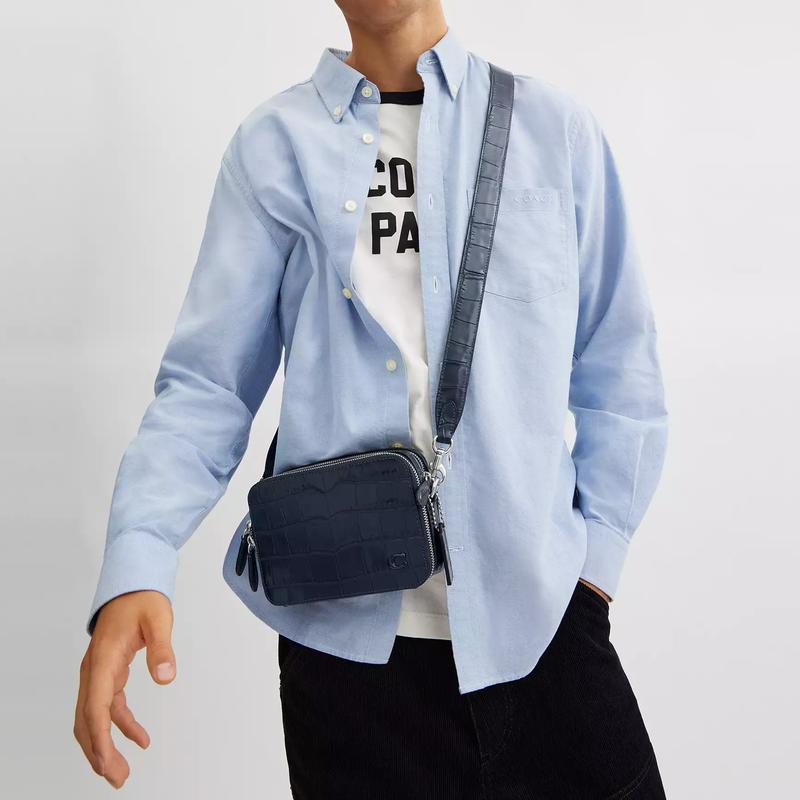 Coach Charter 19 Detachable Shoulder Strap with Zip Closure Crocodile Embossed Leather Shoulder Crossbody Bag Small Men's Dark Navy