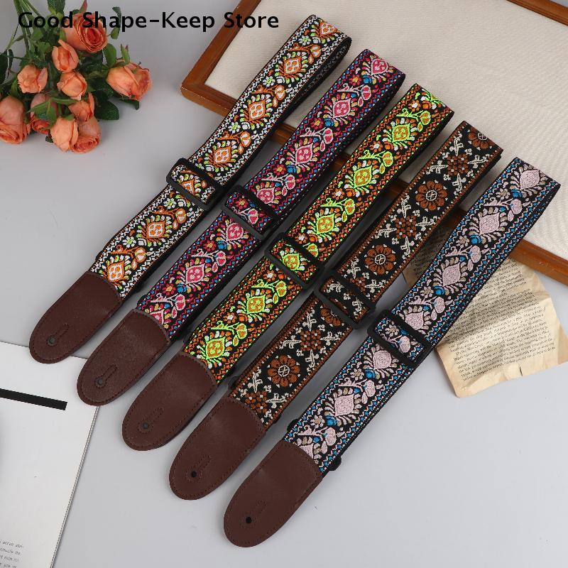 Adjustable Guitar Strap Neck Strap for Electric & Acoustic Bass Cotton Leather Embroidered Straps Musical Instrument Accessories