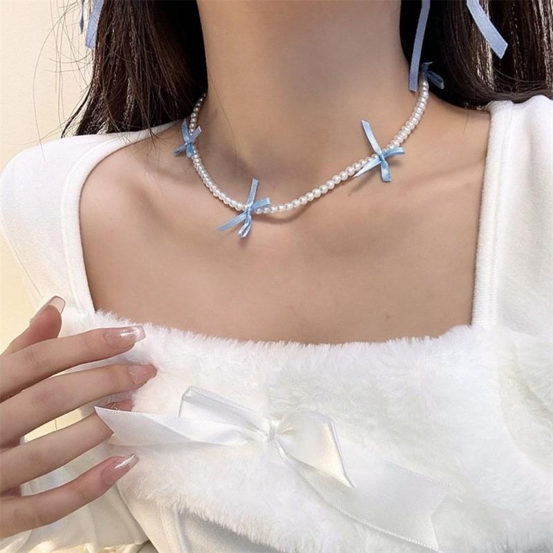 Fashionable Bowknot Pendant Necklace Handmade Pearls Beads Neckchain Bow Beaded Clavicle Chain for Women Girls Choker