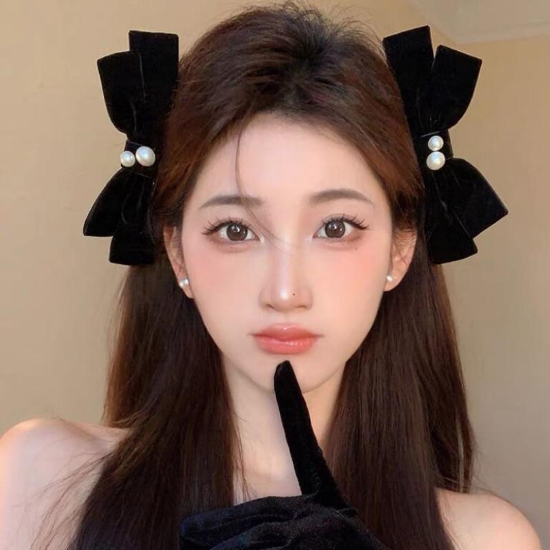 2Pcs Graceful Retro Black/Red Velvet Bow Clip Elegant Two-Piece School Party Duckbill Clip For All Seasons Hair Accessories