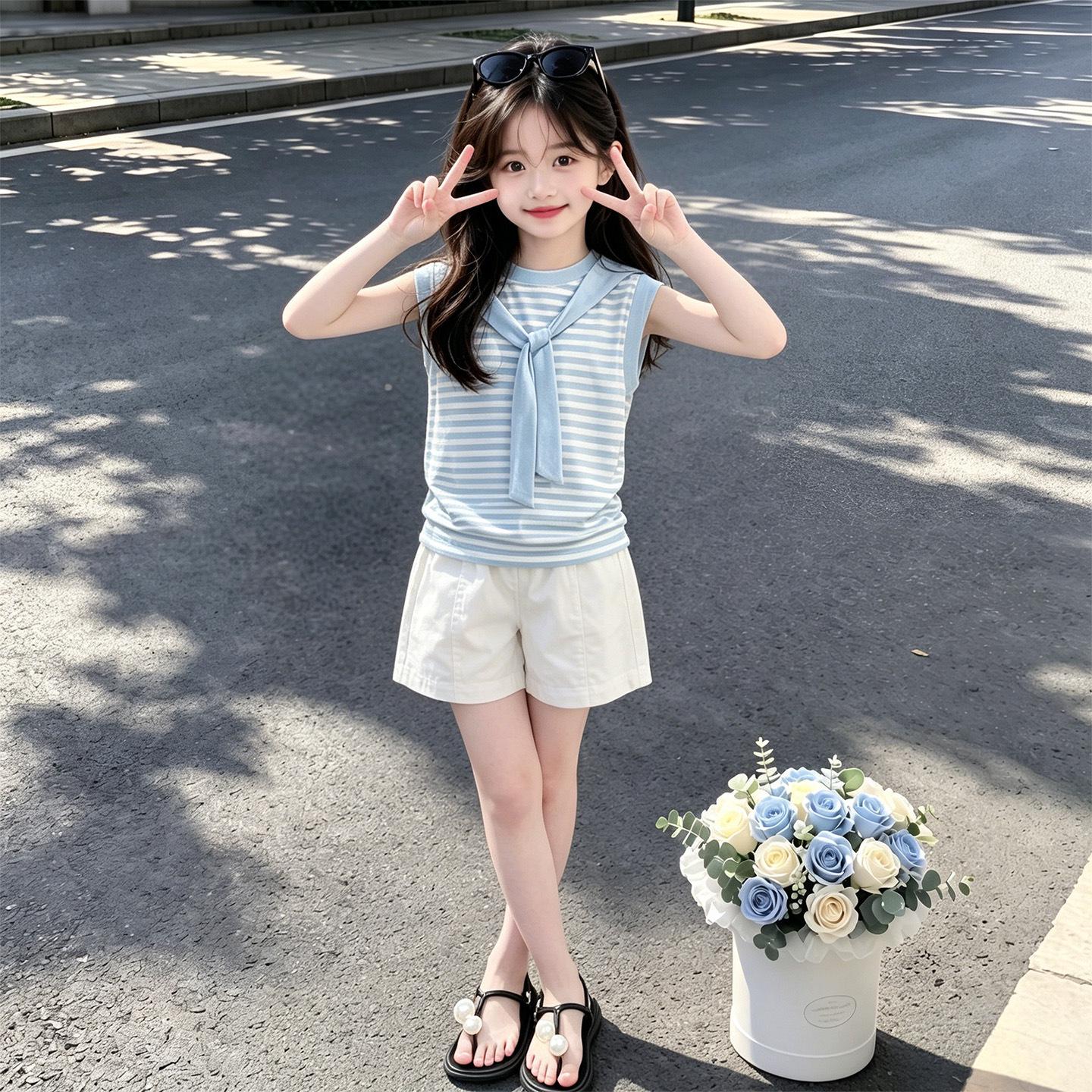 2026 Korean Style Girls Summer Casual Two-Piece Sleeveless Shorts Set 130 cm