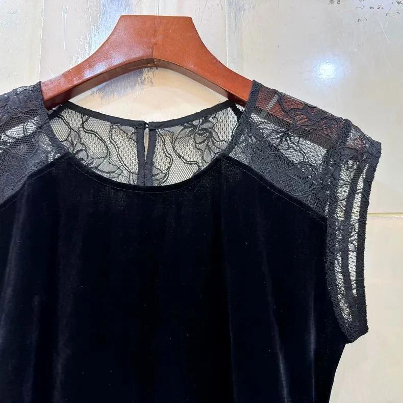 Women's Summer All Match Micro Transparent Slim Velvet Small Shirt Lace Splicing Wrinkle Top