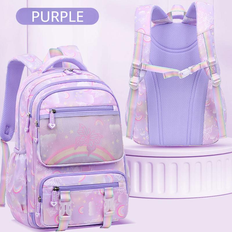 Elementary School Girls Backpack Fashion Rainbow Butterfly Pattern Study Bag Lightweight Refrigerator Door Open Children Rucksack Class 1 3 To 6