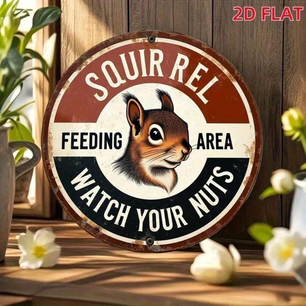 Vintage Squirrel Warning Sign Rustic Metal Plaque Nut Theft Deterrent Bird Feeder Outdoor Wall Decor Wildlife Art