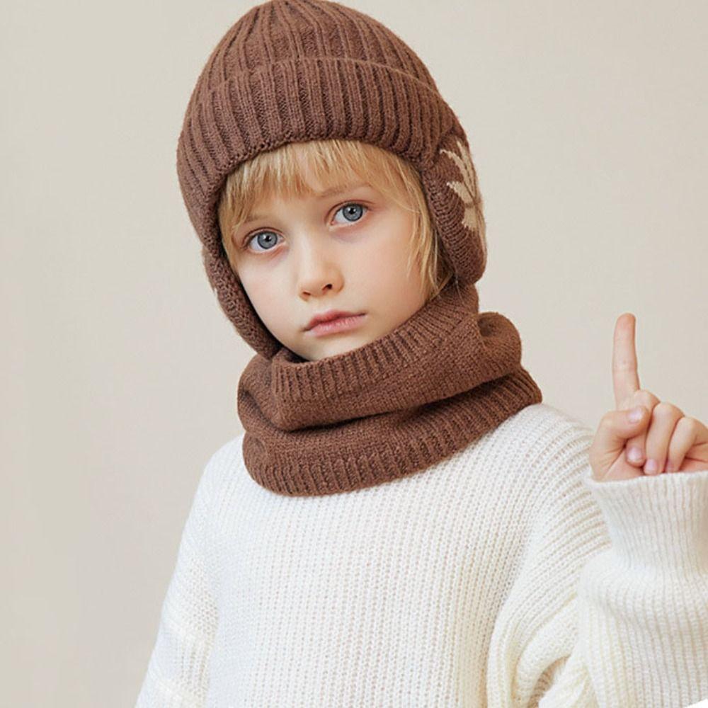 2pcs Solid Color Ear Protection Wool Caps Earflap Pullover Hat Fashion Scarf Hat Set  Winter