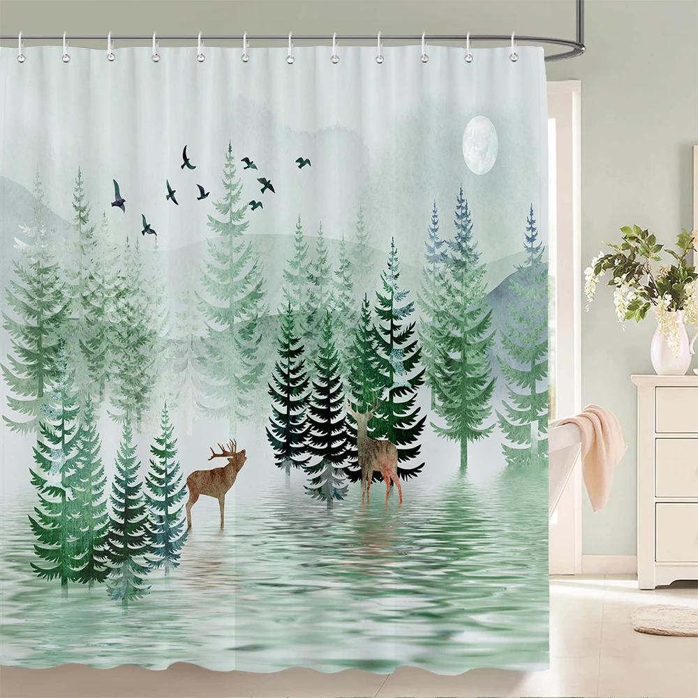 Forest Elk Deer Shower Curtain Trees Landscape Bathroom Decor Curtains Polyester Fabric Waterproof Bath Curtain With Hooks