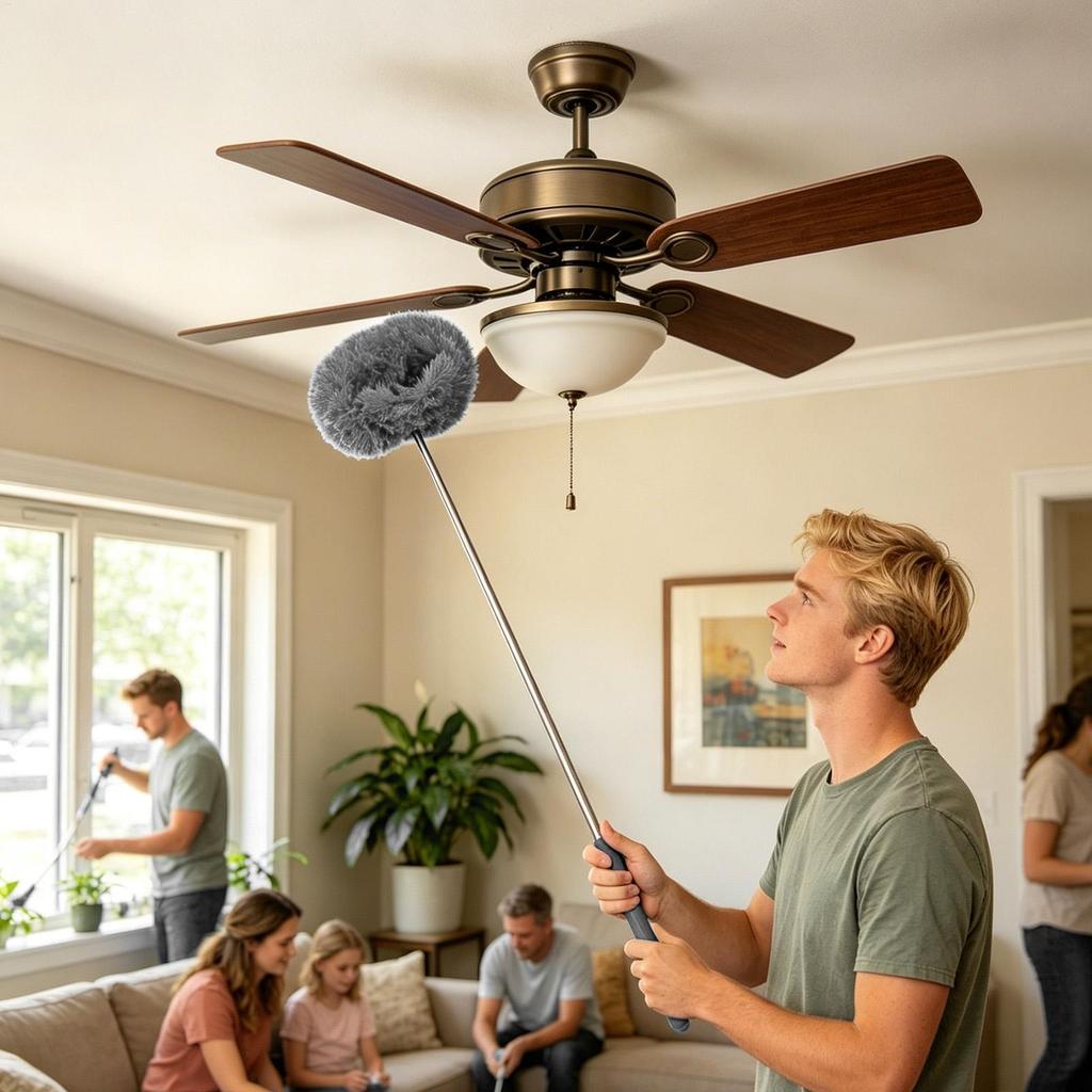 High Ceiling Fan Duster Kit W/Extension Pole, Long Reach Cleaning Tool Washable Microfiber Blade Cleaner for Home Bedroom Office