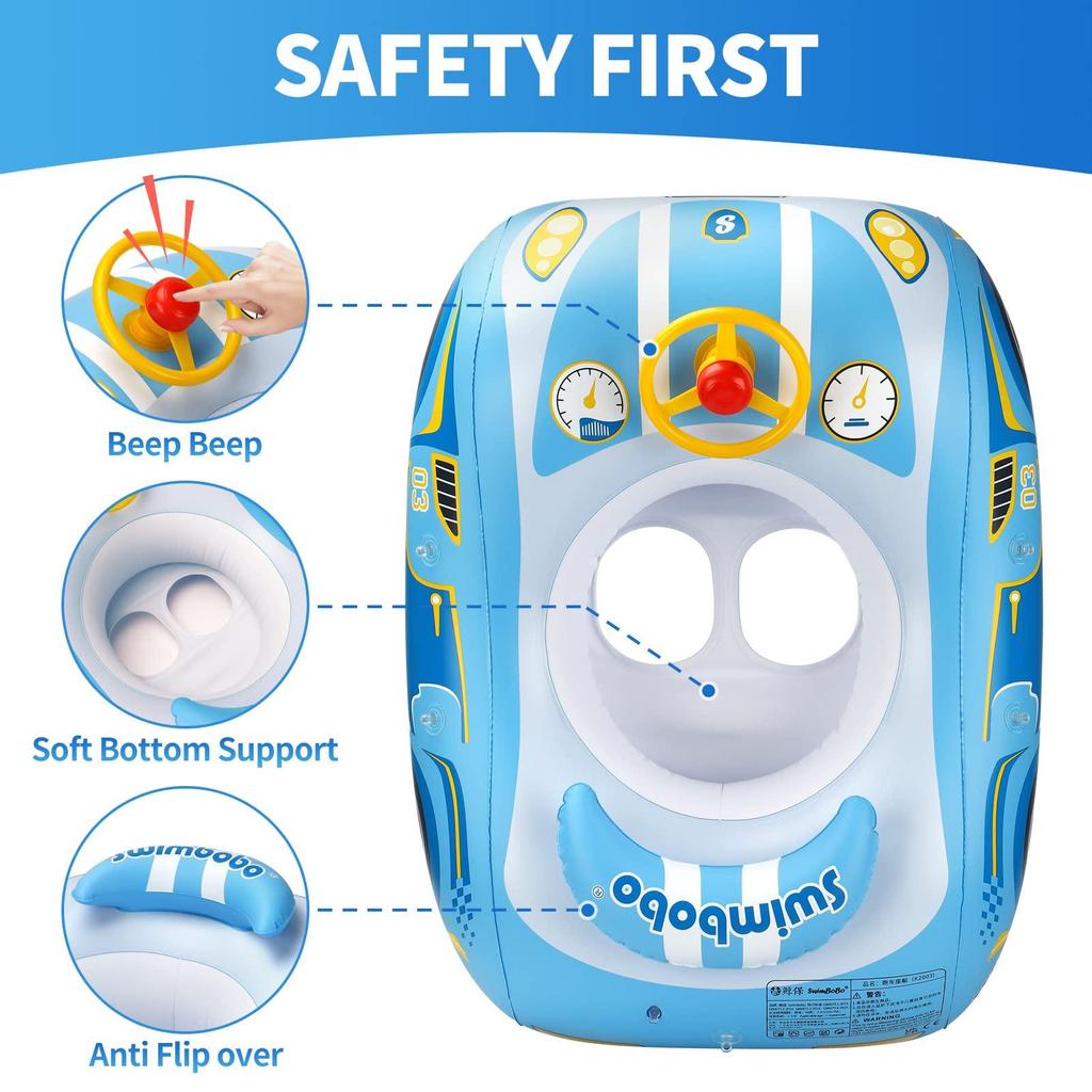 thumbnail image 2 of Kids Car Design Swimming Float - Inflatable Baby Pool Floatie With Steering Wheel For Ages 1-5 2 of 6