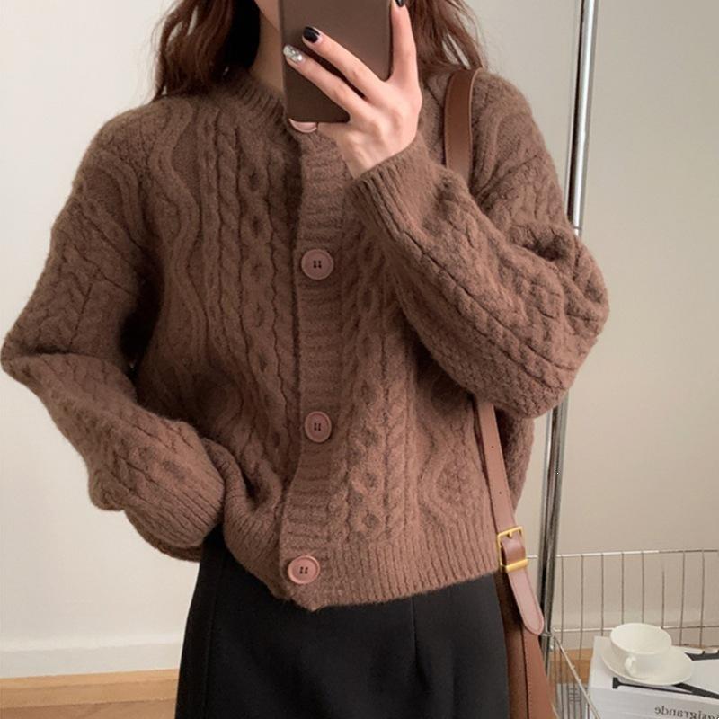 Korean Style Lazy Twist Knit Cardigan Short Round Neck Sweater Coat